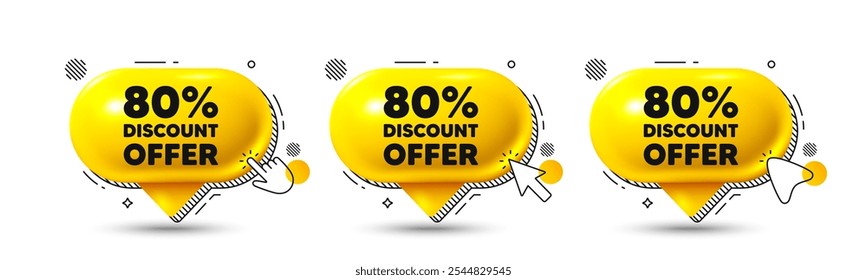 Conversar ícones 3d de balões de fala. etiqueta de desconto de 80%. Sinal de preço de oferta de venda. Símbolo de oferta especial. Oferta de bate-papo com desconto. Faixas de balão de fala. Balão de caixa de texto. Vetor