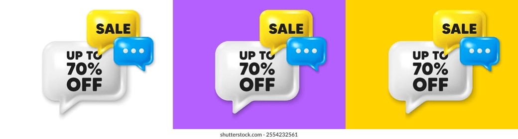 Chat speech bubble 3d icons. Up to 70 percent off sale. Discount offer price sign. Special offer symbol. Save 70 percentages. Discount tag chat text box. Speech bubble banner. Vector