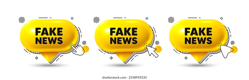 Chat speech bubble 3d icons. Fake news tag. Media newspaper sign. Daily information symbol. Fake news chat offer. Speech bubble banners. Text box balloon. Vector