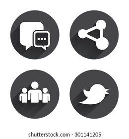 Chat speech bubble and Bird symbols. Human group sign. Circles buttons with long flat shadow. Vector