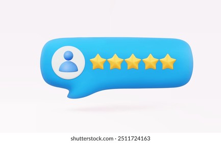 Chat speech bubble five stars score 3D icon account profile name customer review rating premium quality guarantee service feedback concept. online shop store. Eps 10 vector. 3d render illustration.
