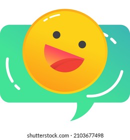 Chat speech bubble with happy smile vector icon. Smiling face emoticon message. Funny emoji in dialog box