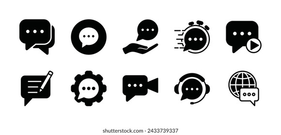 Conjunto de iconos de burbuja de voz de chat. Contiene respuesta rápida, cita de comentarios, centro de soporte y servicio, mensaje de voz, comunicación global, grabación de sonido. Ilustración de vector