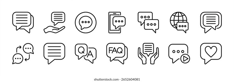 Chat, speech bubble icon set. Contains dialogue, message, discussion, talk, communication, comment, conversation, question and answer, FAQ, like button, recording, media social, doodle. Vector