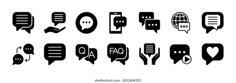 Chat, speech bubble icon vector set. Contains dialogue, message, discussion, talk, communication, comment, conversation, question and answer, FAQ, like button, recording, media social, doodle