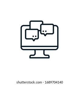 Chat and Speech Bubble on computer screen, online community outline icon. Vector illustration. Editable stroke. Isolated icon suitable for web, infographics, interface and apps.
