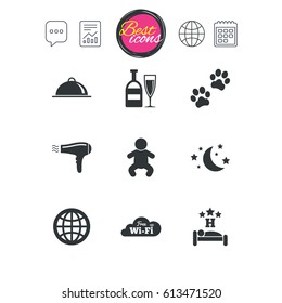 Chat speech bubble, report and calendar signs. Hotel, apartment service icons. Restaurant sign. Alcohol drinks, wi-fi internet and sleep symbols. Classic simple flat web icons. Vector