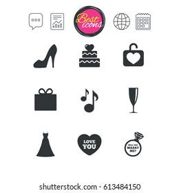 Chat speech bubble, report and calendar signs. Wedding, engagement icons. Cake with heart, gift box and brilliant signs. Dress, shoes and musical notes symbols. Classic simple flat web icons. Vector