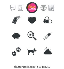 Chat speech bubble, report and calendar signs. Veterinary, pets icons. Dog paws, syringe and magnifier signs. Pills, heart and feces symbols. Classic simple flat web icons. Vector