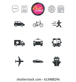 Chat speech bubble, report and calendar signs. Transport icons. Car, bike, bus and taxi signs. Shipping delivery, ambulance symbols. Classic simple flat web icons. Vector
