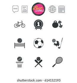 Chat speech bubble, report and calendar signs. Sport games, fitness icons. Football, basketball and tennis signs. Golf, bike and winner medal symbols. Classic simple flat web icons. Vector