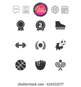 Chat speech bubble, report and calendar signs. Sport games, fitness icons. Football, basketball and volleyball signs. Dumbbell, baseball and winner award symbols. Classic simple flat web icons. Vector