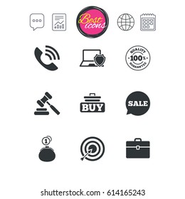 Chat speech bubble, report and calendar signs. Online shopping, e-commerce and business icons. Auction, phone call and sale signs. Cash money, case and target symbols. Classic simple flat web icons