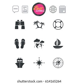 Chat speech bubble, report and calendar signs. Cruise trip, ship and yacht icons. Travel, lifebuoy and palm trees signs. Binoculars, windrose and storm symbols. Classic simple flat web icons. Vector