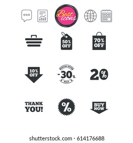 Chat speech bubble, report and calendar signs. Sale discounts icon. Shopping cart, coupon and buy now signs. 20, 30 and 50 percent off. Special offer symbols. Classic simple flat web icons. Vector