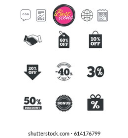 Chat speech bubble, report and calendar signs. Sale discounts icon. Shopping, handshake and bonus signs. 20, 30, 40 and 50 percent off. Special offer symbols. Classic simple flat web icons. Vector