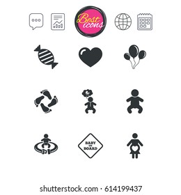 Chat speech bubble, report and calendar signs. Pregnancy, maternity and baby care icons. Candy, strollers and fasten seat belt signs. Footprint, love and balloon symbols. Classic simple flat web icons