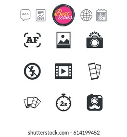 Chat speech bubble, report and calendar signs. Photo, video icons. Camera, photos and frame signs. No flash, timer and strips symbols. Classic simple flat web icons. Vector