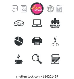 Chat speech bubble, report and calendar signs. Office, documents and business icons. Human resources, notebook and printer signs. Scissors, magnifier and coffee symbols. Classic simple flat web icons