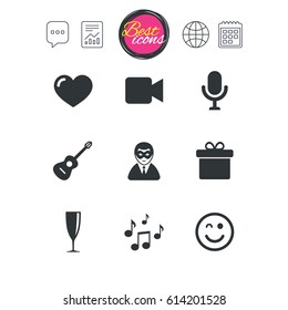 Chat speech bubble, report and calendar signs. Party celebration, birthday icons. Carnival, guitar and champagne glass signs. Gift box, music and video camera symbols. Classic simple flat web icons