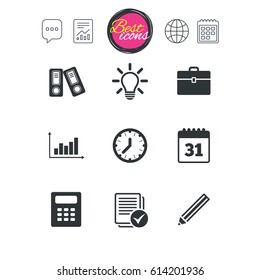 Chat speech bubble, report and calendar signs. Office, documents and business icons. Accounting, calculator and case signs. Ideas, calendar and statistics symbols. Classic simple flat web icons