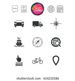 Chat speech bubble, report and calendar signs. Navigation, gps icons. Windrose, compass and map pointer signs. Bicycle, ship and car symbols. Classic simple flat web icons. Vector