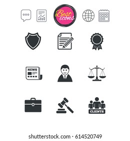 Chat speech bubble, report and calendar signs. Lawyer, scales of justice icons. Clients, auction hammer and law judge symbols. Newspaper, award and agreement document signs. Vector