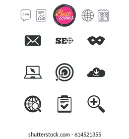 Chat speech bubble, report and calendar signs. Internet, seo icons. Checklist, target and mail signs. Mask, download cloud and magnifier symbols. Classic simple flat web icons. Vector