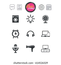 Chat speech bubble, report and calendar signs. Home appliances, device icons. Ventilator sign. Hairdryer, washing machine and lamp symbols. Classic simple flat web icons. Vector
