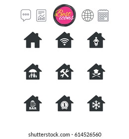 Chat speech bubble, report and calendar signs. Real estate icons. Home insurance, maternity hospital and wifi internet signs. Restaurant, service and air conditioning symbols. Vector
