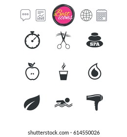 Chat speech bubble, report and calendar signs. Spa, hairdressing icons. Swimming pool sign. Water drop, scissors and hairdryer symbols. Classic simple flat web icons. Vector