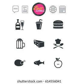 Chat speech bubble, report and calendar signs. Food, drink icons. Beer, fish and burger signs. Chicken, cheese and apple symbols. Classic simple flat web icons. Vector