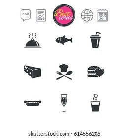 Chat speech bubble, report and calendar signs. Food, drink icons. Alcohol, fish and burger signs. Hot dog, cheese and restaurant symbols. Classic simple flat web icons. Vector