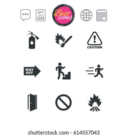 Chat speech bubble, report and calendar signs. Fire safety, emergency icons. Fire extinguisher, exit and attention signs. Caution, water drop and way out symbols. Classic simple flat web icons. Vector