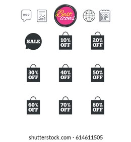 Chat speech bubble, report and calendar signs. Sale discounts icons. Special offer signs. Shopping bag, price tag symbols. Classic simple flat web icons. Vector