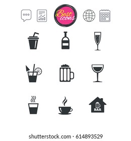 Chat speech bubble, report and calendar signs. Coffee, tea icons. Beer, wine and cocktail signs. Soft and alcohol drinks symbols. Classic simple flat web icons. Vector
