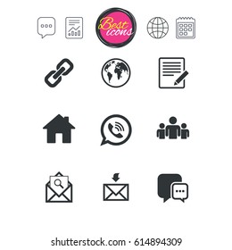Chat speech bubble, report and calendar signs. Communication icons. Contact, mail signs. E-mail, call phone and group symbols. Classic simple flat web icons. Vector