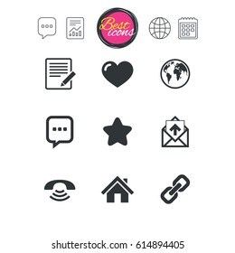 Chat speech bubble, report and calendar signs. Mail, contact icons. Favorite, like and internet signs. E-mail, chat message and phone call symbols. Classic simple flat web icons. Vector