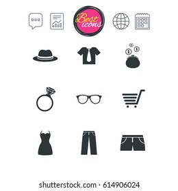 Chat speech bubble, report and calendar signs. Clothes, accessories icons. Shirt, glasses and hat signs. Wallet with cash coins symbols. Classic simple flat web icons. Vector