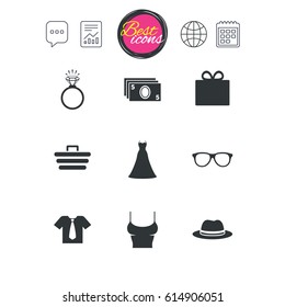 Chat speech bubble, report and calendar signs. Accessories, clothes icons. Shirt with tie, glasses signs. Dress and engagement ring symbols. Classic simple flat web icons. Vector