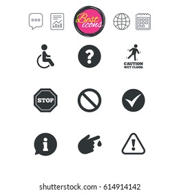 Chat speech bubble, report and calendar signs. Attention caution icons. Question mark and information signs. Injury and disabled person symbols. Classic simple flat web icons. Vector