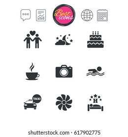 Chat speech bubble, report and calendar signs. Hotel, apartment service icons. Swimming pool. Ventilation, birthday party and gay-friendly symbols. Classic simple flat web icons. Vector