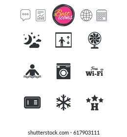 Chat speech bubble, report and calendar signs. Hotel, apartment service icons. Washing machine. Wifi, air conditioning and swimming pool symbols. Classic simple flat web icons. Vector