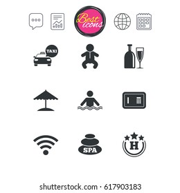 Chat speech bubble, report and calendar signs. Hotel, apartment service icons. Spa, swimming pool signs. Alcohol drinks, wifi internet and safe symbols. Classic simple flat web icons. Vector