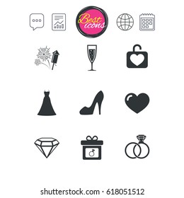 Chat speech bubble, report and calendar signs. Wedding, engagement icons. Locker with heart, gift box and fireworks signs. Dress, heart and champagne glass symbols. Classic simple flat web icons