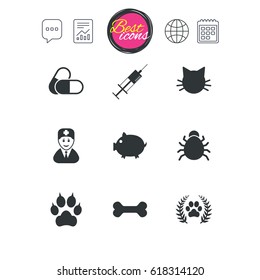 Chat speech bubble, report and calendar signs. Veterinary, pets icons. Paw, syringe and bone signs. Pills, cat and doctor symbols. Classic simple flat web icons. Vector