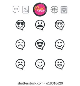 Chat speech bubble, report and calendar signs. Smile speech bubbles icons. Happy, sad and wink faces signs. Sunglasses, mustache and laughing lol smiley symbols. Classic simple flat web icons. Vector