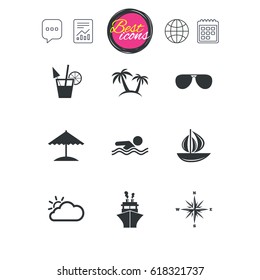 Chat speech bubble, report and calendar signs. Cruise trip, ship and yacht icons. Travel, cocktails and palm trees signs. Sunglasses, windrose and swimming symbols. Classic simple flat web icons