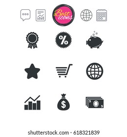 Chat speech bubble, report and calendar signs. Online shopping, e-commerce and business icons. Piggy bank, award and star signs. Cash money, discount and statistics symbols. Vector
