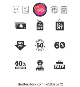Chat speech bubble, report and calendar signs. Sale discounts icon. Shopping cart, buying and cash money signs. 40, 50 and 60 percent off. Special offer symbols. Classic simple flat web icons. Vector